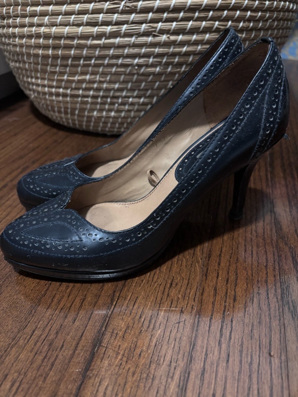 Uterque Black Leather Brogue High Heel Pumps Navy - work chic